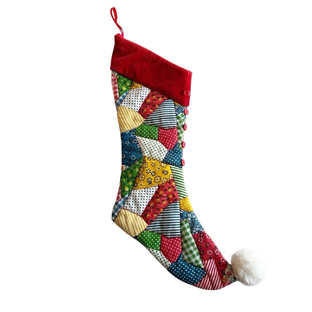 Vintage Handcrafted Patchwork Christmas Stocking w/ Buttons & Fur Pom Pom